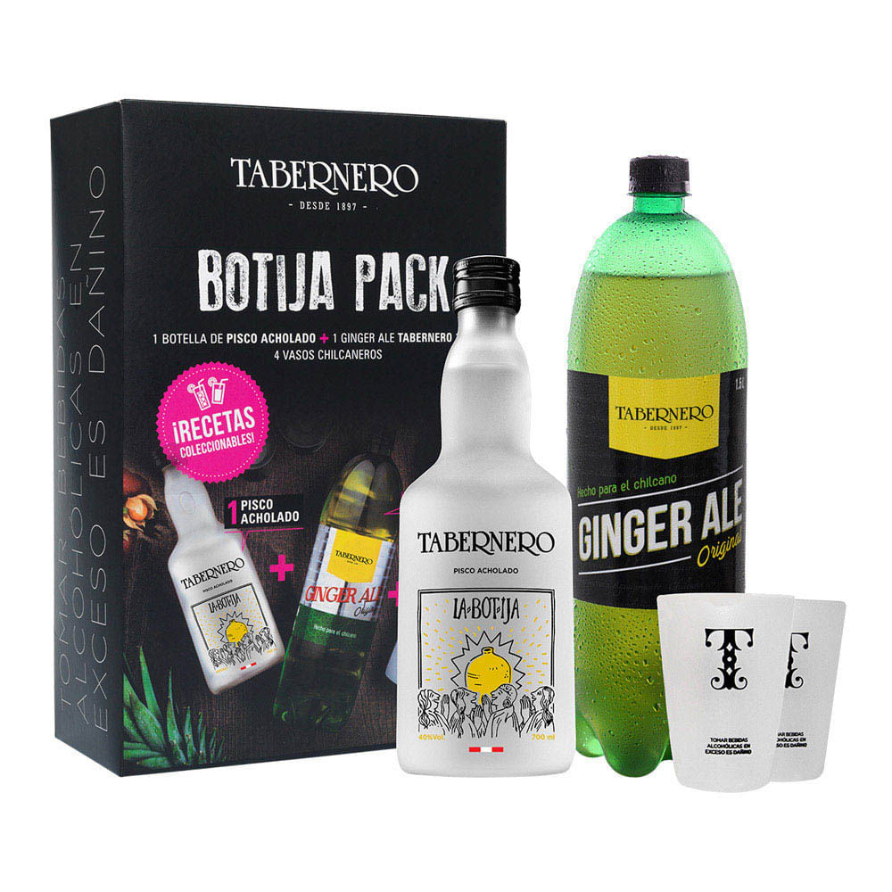 La Botija Acholado 700 ML, Ginger Ale 1.5 LT, 2 Vasos Plásticos